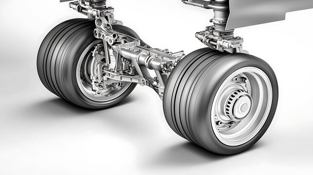A dynamic angled view of an airplane's landing gear, highlighting its robust design and detailed mechanical elements, isolated on a clean white backdrop