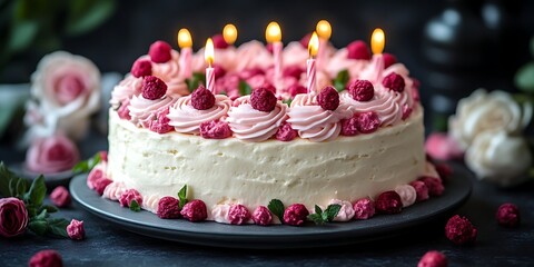 Delicious raspberry birthday cake with candles.
