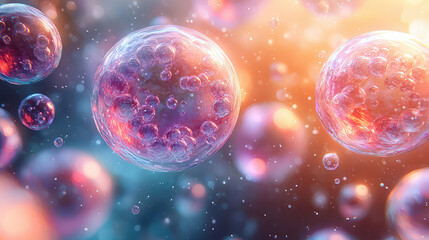 Naklejka premium Microscopic view of vibrant, translucent spheres with internal structures, floating in a colorful, abstract background.