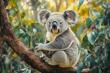 Obraz premium Koala perched on tree branch surrounded by greenery in serene Australian wilderness