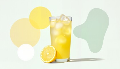 Freshly squeezed lemonade in a tall glass with ice cubes and a lemon wedge.