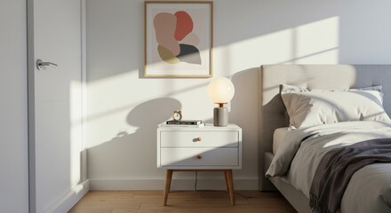 Mock up empty posters on the wall. Modern bed room interior. Wooden floor and stylish furniture. Concept of contemporary design