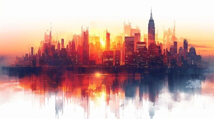 Fototapeta premium Silhouette of a city skyline at sunset with water reflection and an abstract brushstroke effect. AI generative. .