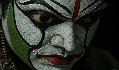 Close-up painted face, dramatic expression, dark background, Indian theatrical mask, cultural performance.