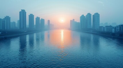 Fototapeta premium City skyline reflected in a blue river with a hazy sunset. AI generative. .