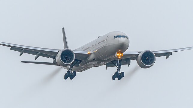 A front-facing perspective of a jetliner lifting off, with its engines roaring and wings angled slightly upward, set against a clean white backdrop