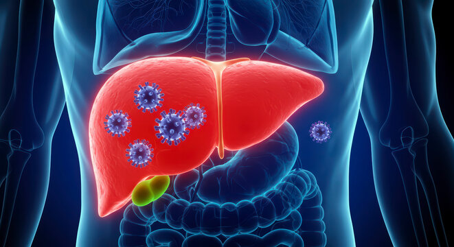 Human Liver with Hepatitis B Infection: 3D Medical Illustration of Viral Impact on Liver Cells