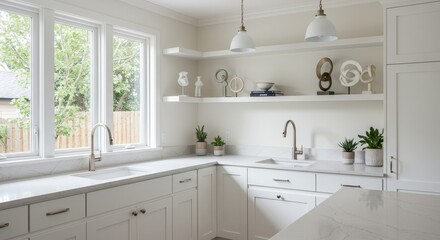 Elegant home kitchen interior with golden tap and stove, empty space 