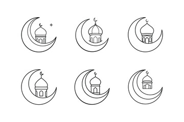 crescent moon with mosque dome icon line art vector illustration © MST