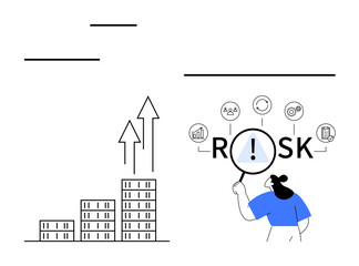 Person examining RISK using a magnifying glass arrows representing growth alongside buildings. Ideal for business strategy, financial risk, growth, analysis, investment, management, abstract line