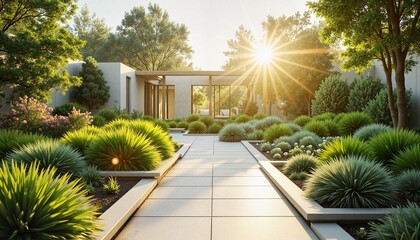 Obraz premium Stunning Modern House Surrounded by a Lush Green Garden Bathed in Bright Sunlight and Flowers