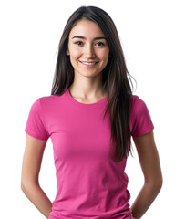 Fototapeta premium Confident and Charming Young Woman Smiling in a Pink Shirt Against a Plain Background