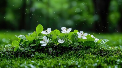 White flowers in rain, lush green background, nature scene, ideal for spring themes