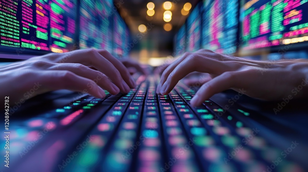 Poster hands typing on colorful keyboard in tech workspace
