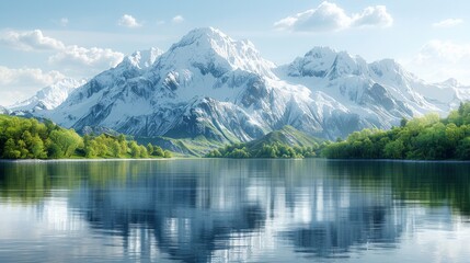 Fototapeta premium Snow-capped mountains reflected in a still lake with green trees lining the shore. AI generative. .