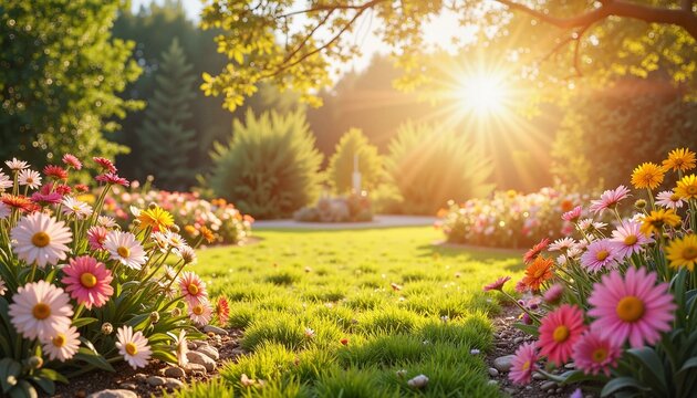 A Beautiful and Vibrant Garden Filled with Colorful Flowers and Lush Green Grass Under the Sunshine