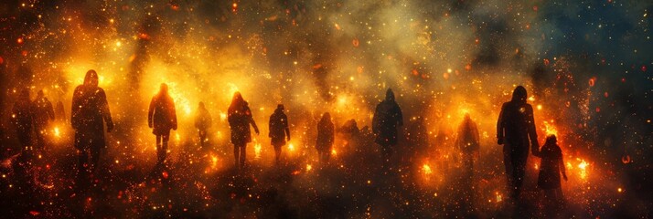Silhouettes of people walking through an ethereal, fiery landscape with glowing sparks. AI generative. .