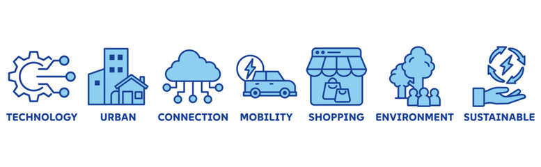 Smart City icon set illustration concept with icon of technology, urban, connection, mobility, shopping, environment, sustainable