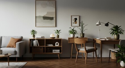 Stylish scandinavian living room with design furniture, plants, bamboo bookstand and wooden desk