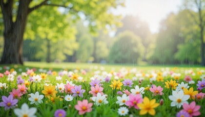Close-up of a variety of colorful flowers in a field on a rainy day
