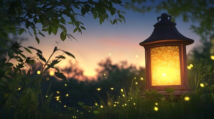 A glowing lantern with fireflies inside on a twilight background