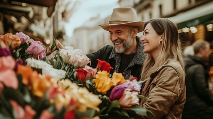 A couple picking out fresh flowers together at a street market, exchanging playful smiles, SHOTLISTlove