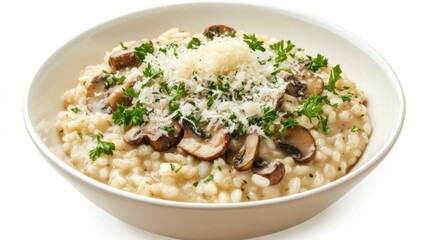 A bowl of creamy mushroom risotto garnished with fresh parsley and grated Parmesan cheese, Its rich, earthy flavor and creamy texture invitingly displayed