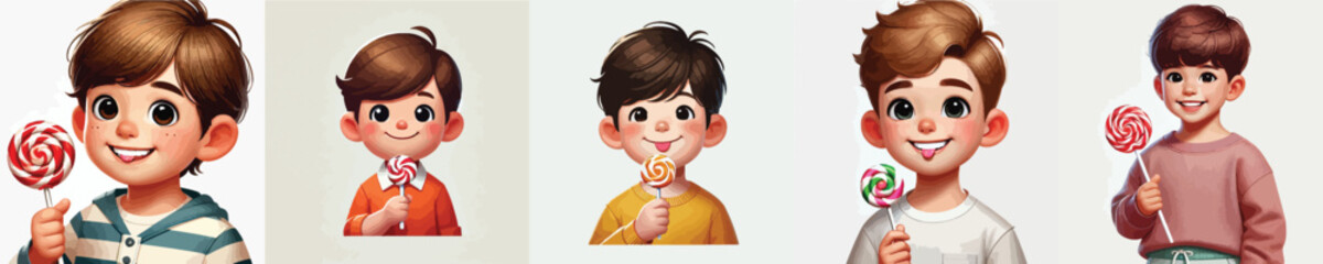 set of vector characters of little children holding lollipops