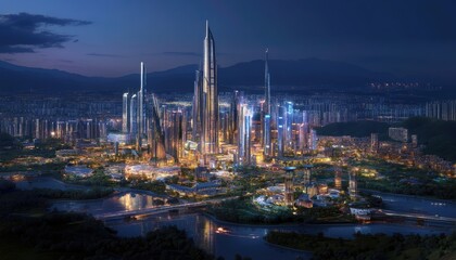 Fototapeta premium Futuristic Cityscape at Night: Skyscrapers, River, & Bridges