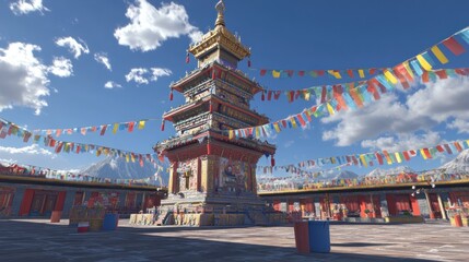 Serene Tibetan Monastery under a vibrant sky
