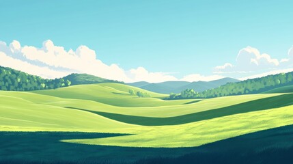 Obraz premium Lush green rolling hills with clear blue sky and white clouds on a sunny day