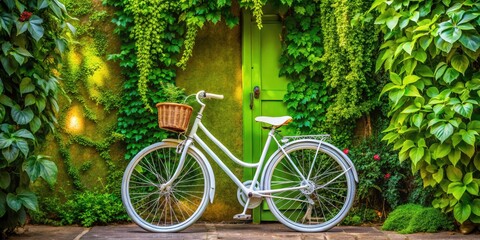 Fototapeta premium High Depth of Field Photo: White Bicycle, Green Wall, Lush Foliage - Stunning Nature Photography