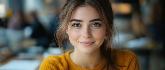 Fototapeta premium Young woman smiling warmly in cozy café setting
