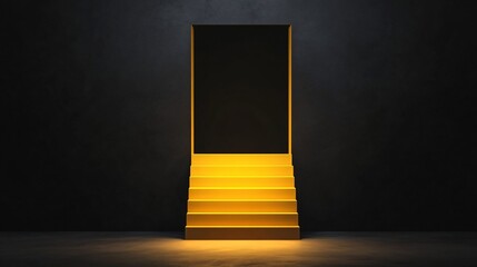 Mysterious Yellow Staircase: A single flight of luminous yellow stairs ascends to a dark, enigmatic doorway, set against a backdrop of brooding darkness. The image evokes a sense of mystery.