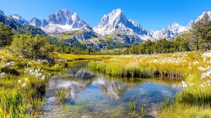 Mountain lake reflection, autumnal meadow, sunny day, scenic vista, nature wallpaper