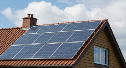 Close-up of a house roof with solar panels, a red tiled surface, and a brick chimney under a bright sky with clouds.