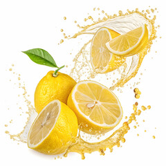 Fresh zesty lemons bursting with flavor, splashed to perfection on a crisp white background