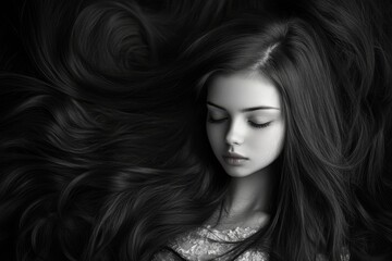 Naklejka premium A girl with beautiful very long brown hair.