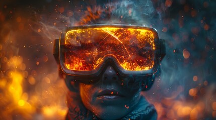 Close-up of a person wearing goggles with a fiery cityscape reflected inside. AI generative. .