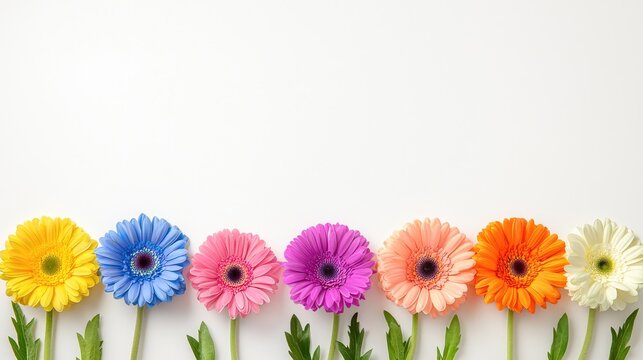 Colorful gerbera daisies border on white background; spring floral design for cards