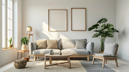 Modern living room with cozy furniture, plants, and natural light