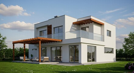 Modern two-story house with minimalist design, wooden accents, glass railings, a pergola, and a lush green lawn under a bright sky.