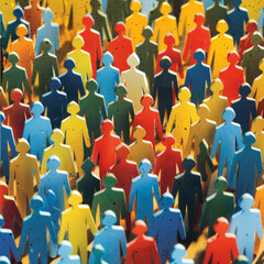 Colorful wooden figures representing diverse crowd, symbolizing unity and community. vibrant colors create lively atmosphere, emphasizing togetherness and collaboration