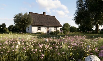 A real thatched farmhouse surrounded by real lush meadows, Generative AI
