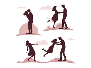 Couple Falling in Love Different Way Silhouette. Couple in Love Silhouette Art | Romantic Couple Silhouette in Different Loving Poses