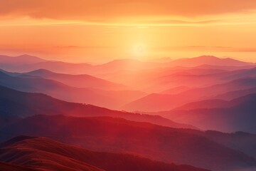Obraz premium Layered mountains with red hues and a glowing sun in the sky. AI generative. .