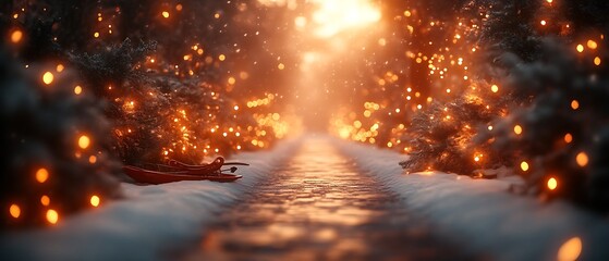 Obraz premium Magical winter path with lights and sled.