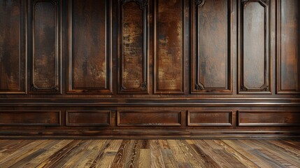 Dark wood paneling with ornate trim and matching wood floor. AI generative. .
