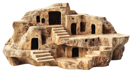 Ancient rock formations resemble historical dwellings in natural landscape setting isolated on transparent background