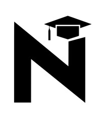 Fototapeta premium Graduation Cap on Letter N Symbol , Black and white illustration of the letter N wearing a graduation cap, symbolizing education, academic success, and scholarly achievement. 
